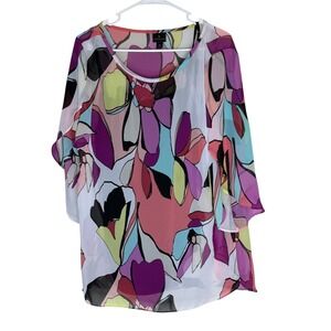 Worthington Floral Blouse Women XL Multicolor Chiffon Split‎ Sleeve Camisole